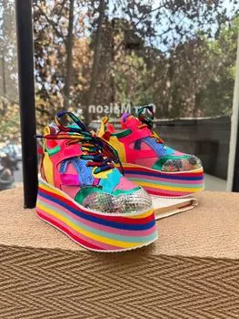 Spring Autumn New Women Colourful Sneakers High Platform Shoes Heels Chunky Casual Dad Shoe Genuine Leather Thick Bottom Fashion 34