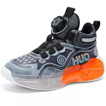 Весна/Осень Ночь Светоотражающие Детские Кроссовки Девочки Спорт Баскетбольная Обувь Модные Кроссовки Для Мальчиков Вращающиеся Кнопки Спортивная Обувь Для Девочек 28 оранжевый/серый