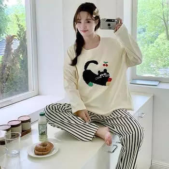 spring autumn Pajama Sets cute cartoon printed thin Sleepwear korean long Sleeve Elegant Women s Pajamas Lounge Pijamas homewear M