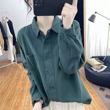 Spring Autumn Polo Collar Top Loose Design Shirt Double-breasted Cotton and Linen Long-sleeved Shirt for Women XXXXL белый