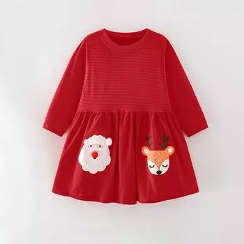 spring autumn pure Cotton cartoon embroidery stripe Princess Dress for girl long Sleeve Skirt cute Girls loose red dresses Kid Children s Clothing 2Y