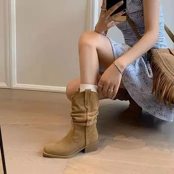 Spring Autumn Retro Square Toe Ladies Mid Calf Shoes on Promotion Y2k 2024 Comfortable and Elegant Work Women s Half High Boots 35