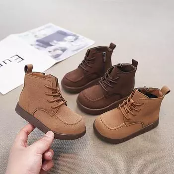 Spring Autumn Simple Girls Ankle Boots Versatile Solid Color Children s Boot Non-slip Round-toe Kids Fashion Boots Side Zipper 23 коричневый