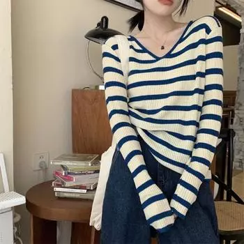 spring Autumn slim stripe Sweater Women Fashion Female Long Sleeve V-neck bottoming Pullover Knitted Casual Sweaters Knitwear One Size