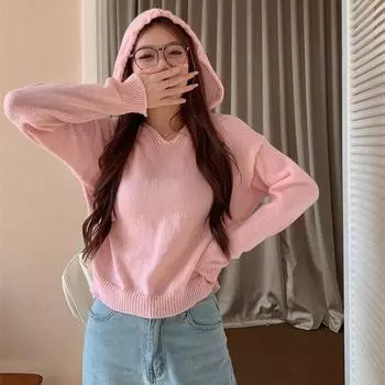 spring autumn solid hooded pullover Women s casual Loose Lapel Knitwear Women Pulovers Simplicity pink Sweater Fashion Women Sweaters one size розовый