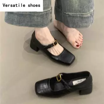 Весна Осень Туфли-лодочки с квадратным носком Женские Уличный стиль Толстый каблук Обувь Винтажные женские туфли Мэри Джейн 35