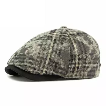 Spring Autumn Tie-Dyed Berets Women British Vintage Cap Men Plaid Newsboy Cap серый