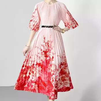 Весенне-осеннее женское элегантное свободное вечернее плиссированное платье с принтом, длинное длинное макси-праздничное платье с половиной рукавом One Size красный