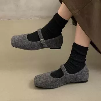 Весна Осень Женские Пушистые Туфли на Плоской Подошве Модные Туфли Мэри Джейн С Квадратным Носком И Пряжкой На Ремне Удобные Мягкие Теплые Современные Тонкие Сапоги 35 чёрный