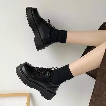 Spring Autumn Women Oxford Shoes Flat on Platform Casual Shoes Black Lace Up Leather Shoes Sewing Round Toe Zapatos Mujer 35 чёрный