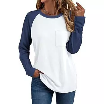 Spring Autumn Women s Round Neck Long Sleeved Patchwork Fashionable Pocket Versatile T-Shirts Women’s S абрикосовый