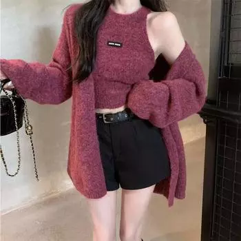 Spring Autumn Women s Solid Sweater Long Sleeves Loose Warm Cardigan Sleeveless Knitting Tank Top Gentle Casual Tops One Size