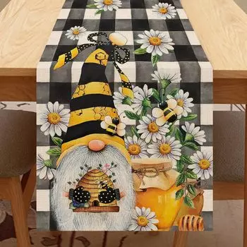 Spring Bee Daisy Gnome Linen Table Runners Honey Buffalo Plaid Home Kitchen Dining Decor Summer Farmhouse Outdoor Party Decor 150x33cm 59x13inch