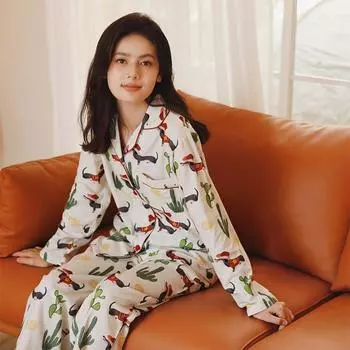 Spring Brushed Cotton Women s Pajama Cactus Print Two Pieces Long Sleeve Tops Full Length Pants Elastic Waist M