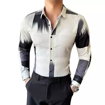 Весенняя деловая повседневная рубашка с длинным рукавом мужская цифровая печать не требующая глажки тонкая социальная рубашка роскошный бутик ночной клуб вечеринка Asian 3XL 70kg-75kg белый