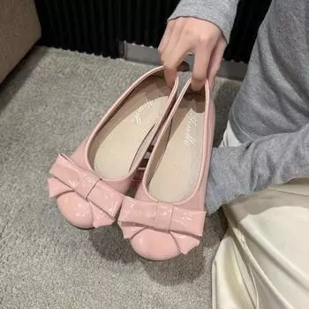 Spring Butterfly-knot Flat with Flats Round Toe Solid Shallow 2025 High Quality Ladies Shoes Sweet Flats Sapatos Baixos 35 бежевый