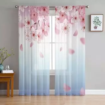 Spring Cherry Blossom Flowers Gradient Sheer Curtains for Living Room Decoration Window Curtains Kitchen Tulle Voile Curtains W135 x H115cm x1