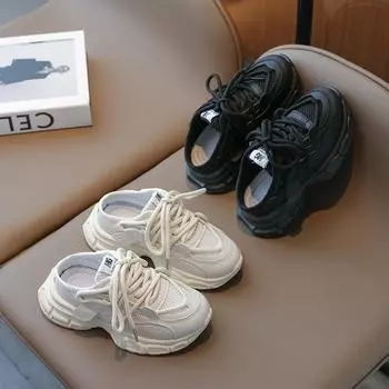 Spring Children s Board Shoes Girls Soft-soled Casual Shoes Medium and Large Boys Lace-up Running Shoes Boys and Girls Half Drag 27 бежевый