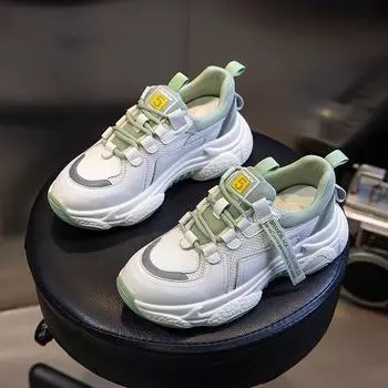 Spring dad shoes 2025 new thick-soled versatile breathable sports shoes flat-heeled shallow mouth casual high-heeled leather 35