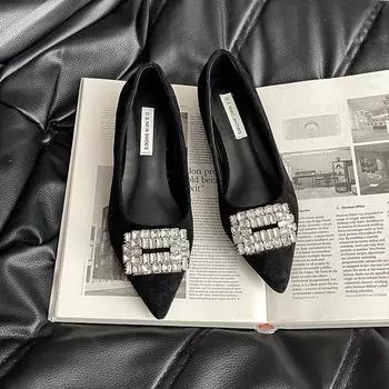 Spring daily work pointed head shallow mouth square buckle rhinestone beautiful inner height increase four seasons single shoes 35