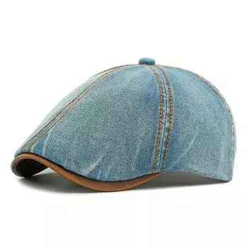 Spring Denim Hat Men s Beret British Retro Six-Piece Cap Women s Forward Cap синий