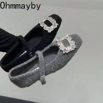 Spring Designer Crystal Women Mary Jane Shoes Fashion Shallow Flats Shoes Concise Outdoor Soft Sole Shoes 35 серый