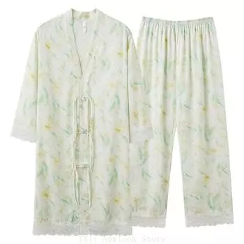 Весенняя пижама из искусственного шелка в этническом стиле для женщин, тонкая пижама из искусственного шелка, комплект женской домашней одежды M