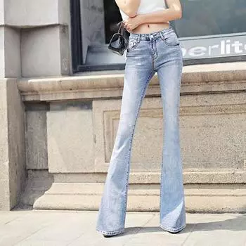 Spring European and American New Mid-High Waist Pants Slightly Flared Light Blue 26