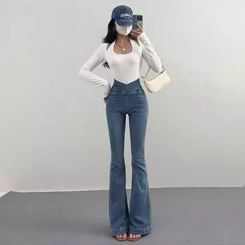 Spring & Fall American High-Waisted Bootcut Pants Female Slim Looking Silm Skinny Hip Raise Wide Leg Horseshoe Denim Mop Pants Light blue L