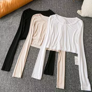 Spring & Fall Export K-style New Arrival Casual Minimalist Plaid Easiest for Match Short round Neck Long Sleeve Pullover T-shirt Beige All yards