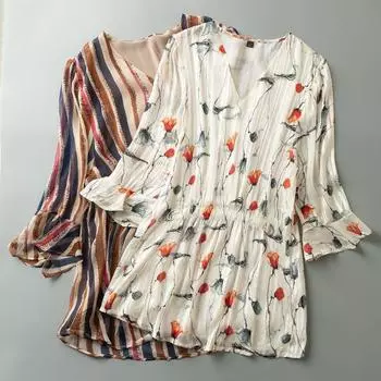 Spring & Fall Export K-style New Pullover Minimalist Easiest for Match Loose Slim Looking V-neck 3/4 Sleeves Pullover Tops Rose Red, blue and white stripes XL