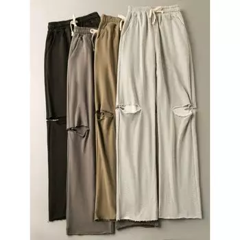 Spring & Fall Export K-style New Straight Slim Looking Casual Tied Elastic Waist Ripped Fur Foot Mouth Pants Black S
