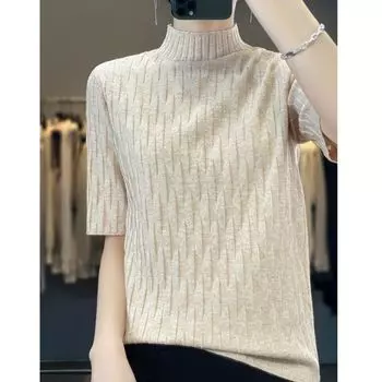 Spring & Fall Half-Turtleneck Random Pit Pullover All-Matching Wool Short Sleeve Meters apricot L
