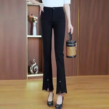 Spring & Fall High Waist Elastic Lace Split Ankle-Length Boot-Cut Trousers Black [pants]] 3XL/31 [67.50 kg-72.50 kg]]