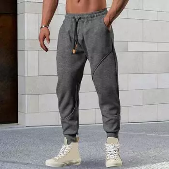 Весна Осень Мужские Брюки Свободные Затягивающийся Эластичный Пояс Карманы С Лентой До Щиколотки Твердые S чёрный