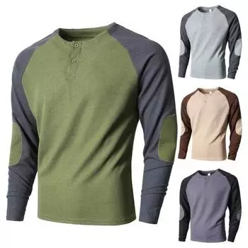 Spring Fall Men Top Regular Fit Colorblocked Long-Sleeve T-Shirt Buttoned Round Neck Patch Decor S темно-серого