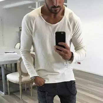 Весна Осень Мужской Топ Slim Fit Ripped Edge O Neck Однотонный Длинные Рукава Пуловер Средний XXL белый