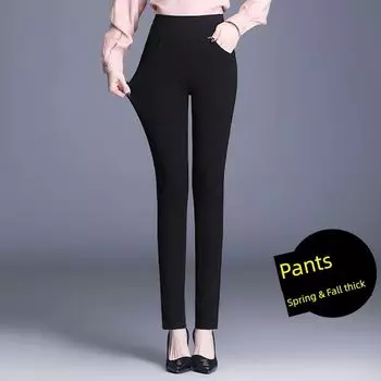Spring & Fall Middle-Aged Mom Pants Silm Plus Size High Elastic Straight-Leg Pants Spring Women s Pants Outwear Ankle-Tied Bottoming Pants [Fleece-lined] black pants Spring & Fall thick 6XL