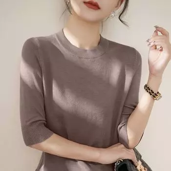 Spring & Fall Mock-Neck Mid-Length Sleeve Shoulder Base Knitwear Coffee camel 3XL [Suggested 70.00 kg-80.00 kg]]