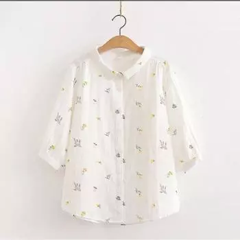 Spring & Fall New Arrival Artsy Double-Layer Cotton Yarn Long Sleeves White Shirt Women s Loose Print Pure Cotton Soft Bottoming Shirt Tops Lavender White half sleeve M