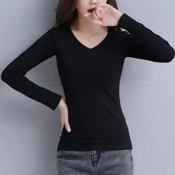 Spring & Fall New Arrival Black T-Shirt Women s Long Sleeve T-Shirt round Neck Bottoming Shirt Women s Inner Wear K-style Silm Slimming Top Fashion Long sleeves V Neck black [Single]-VQUZ XL