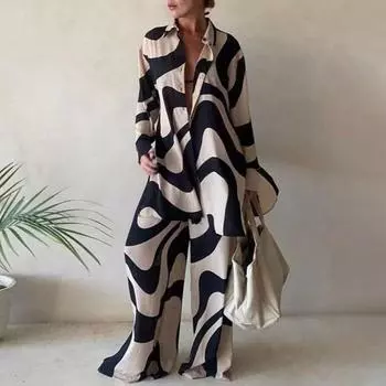 Spring & Fall New Arrival Polo Collar Single-Breasted Stripes Geometric Print Long Sleeves Shirt Loose Straight Trousers Two-piece Set Black S