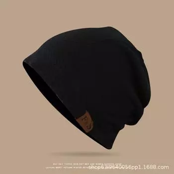 Spring & Fall Sleeve Cap Cross-Border Casual Loose Knitting Hat FS Leather Tag Hat Winter Fleece-lined Men and Women Outdoor Toque FS-black Spring & Fall thin All yards