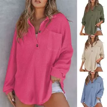 Spring Fall Women Fashion Button Knitted T-shirt Loose Casual Solid Color Top S чёрный