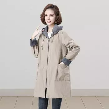 Весна Осень Женская куртка с капюшоном, длинными рукавами, завязками на шнурке, карманами больших размеров, застежкой-молнией, ветровка средней длины, большие карманы, ветрозащитное теплое пальто L темно-синий