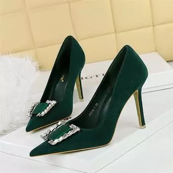 Spring Fashion Elegant Women Super High Heels Party Pumps Flock Shallow Mouth Pointed Toe Metal Crystal Buckle Single Shoes 34(Foot22cm)