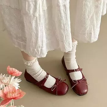 Spring fashion French bow gentle Mary Jane shoes new round head shallow mouth flat bottom skirt women s small leather shoes 35 чёрный