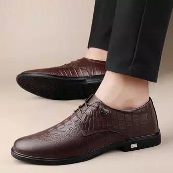 Spring Fashion Genuine Leather Shoes for Men Lace Up Crocodile Texture Oxfords Gentleman s Stylish Office Business Casual Shoes 36 чёрный