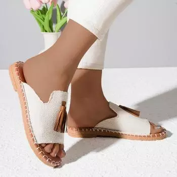 Весенние модные летние дышащие женские шлепанцы с декором кисточками, повседневная обувь без шнуровки на плоской подошве, легкие мягкие сандалии-шлепанцы 43 белый