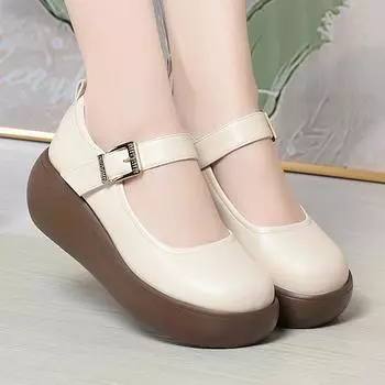 Spring Fashion Wedge Round Toe Soft Bottom Lolita Shoes Women Cute Vintage Mary Jane Shoes Chunky College Student Shoes 35(Foot22.5cm)